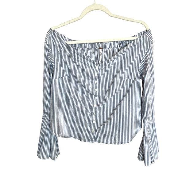 Free People Tops - Free People Off The Shoulder Bell Ruffle Sleeve Striped Top Blue White Sz S